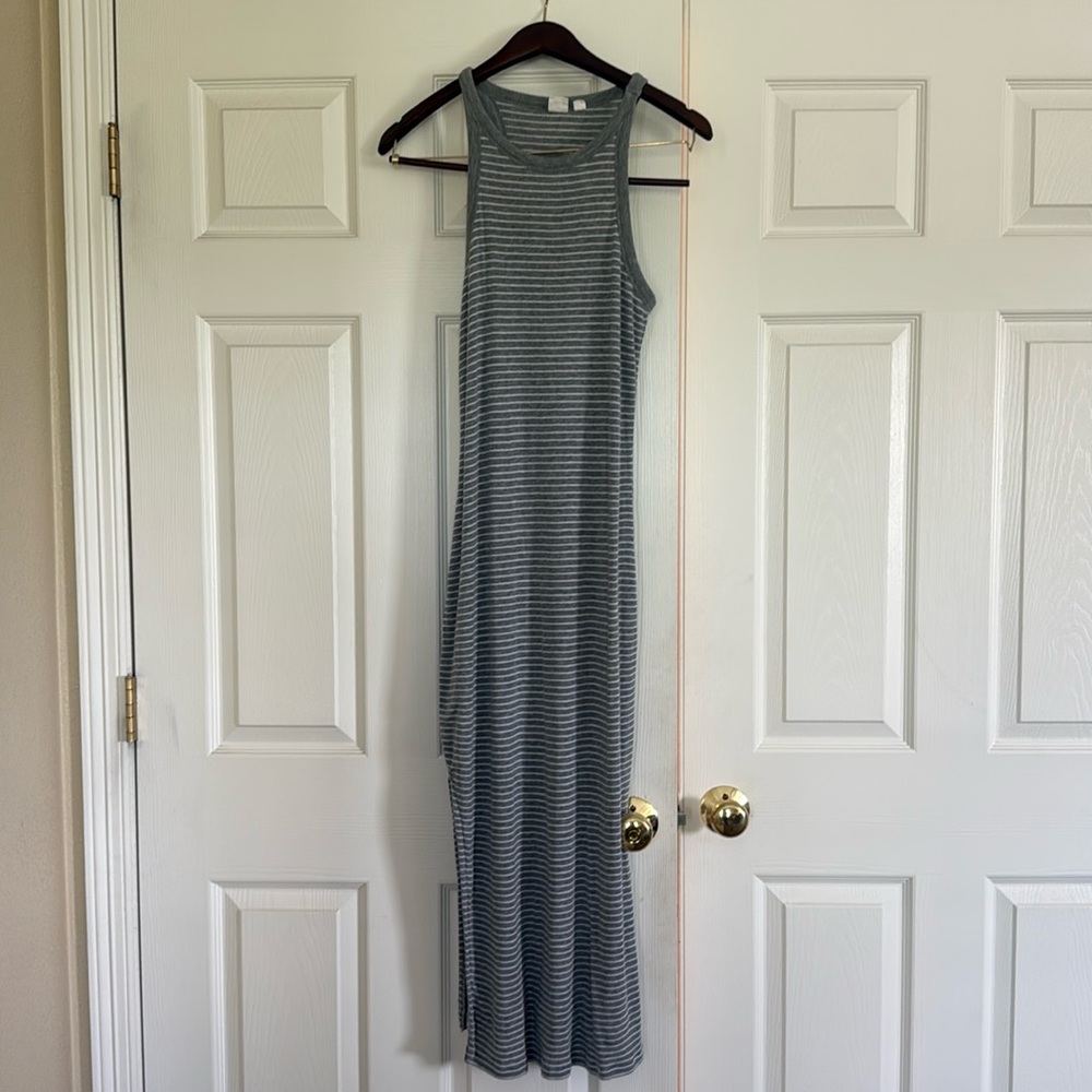 Medium petite gap maxi tank dress. Gray with white stripes. Super soft.